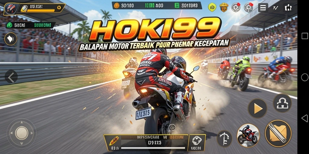 Gameplay seru HOKI99 dengan balapan motor cepat di trek menantang.