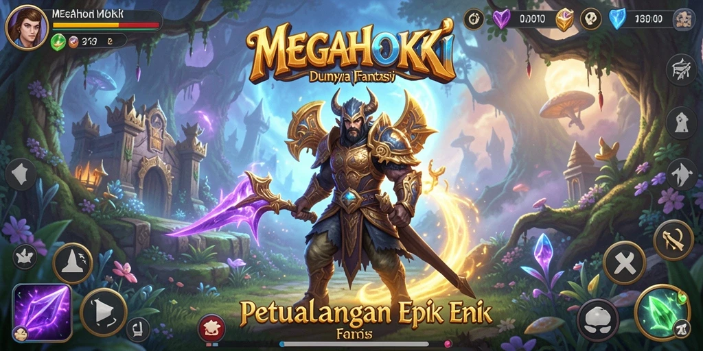Tampilan gameplay <strong>MEGAHOKI</strong> yang memukau dengan pertarungan seru di dunia fantasi.